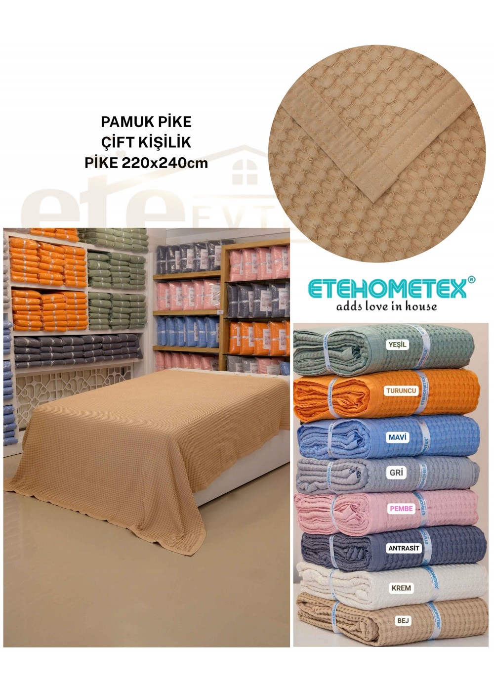 ETEHOMETEX HAVUZLU PİKE ÇİFT KİŞİLİK 220X240CM BEJ 8696474231656